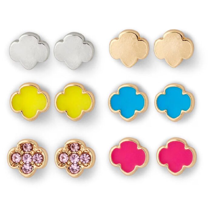 Multicolor Trefoil Stud Earring 6 Pack Set